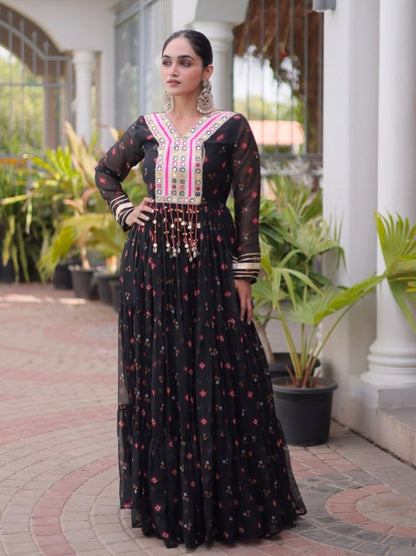 Black Pure Faux Georgette Lahariya Print with Kutchi Patchwork Navratri Lehenga Choli