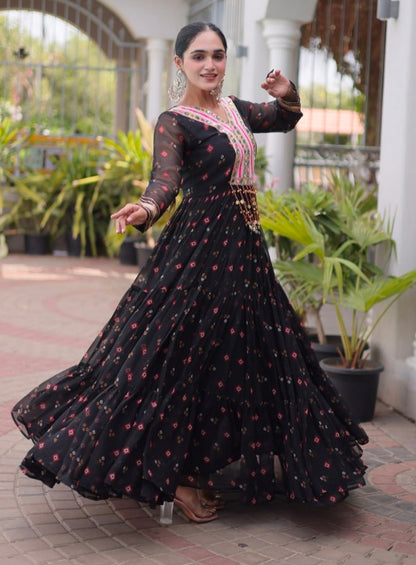 Black Pure Faux Georgette Lahariya Print with Kutchi Patchwork Navratri Lehenga Choli