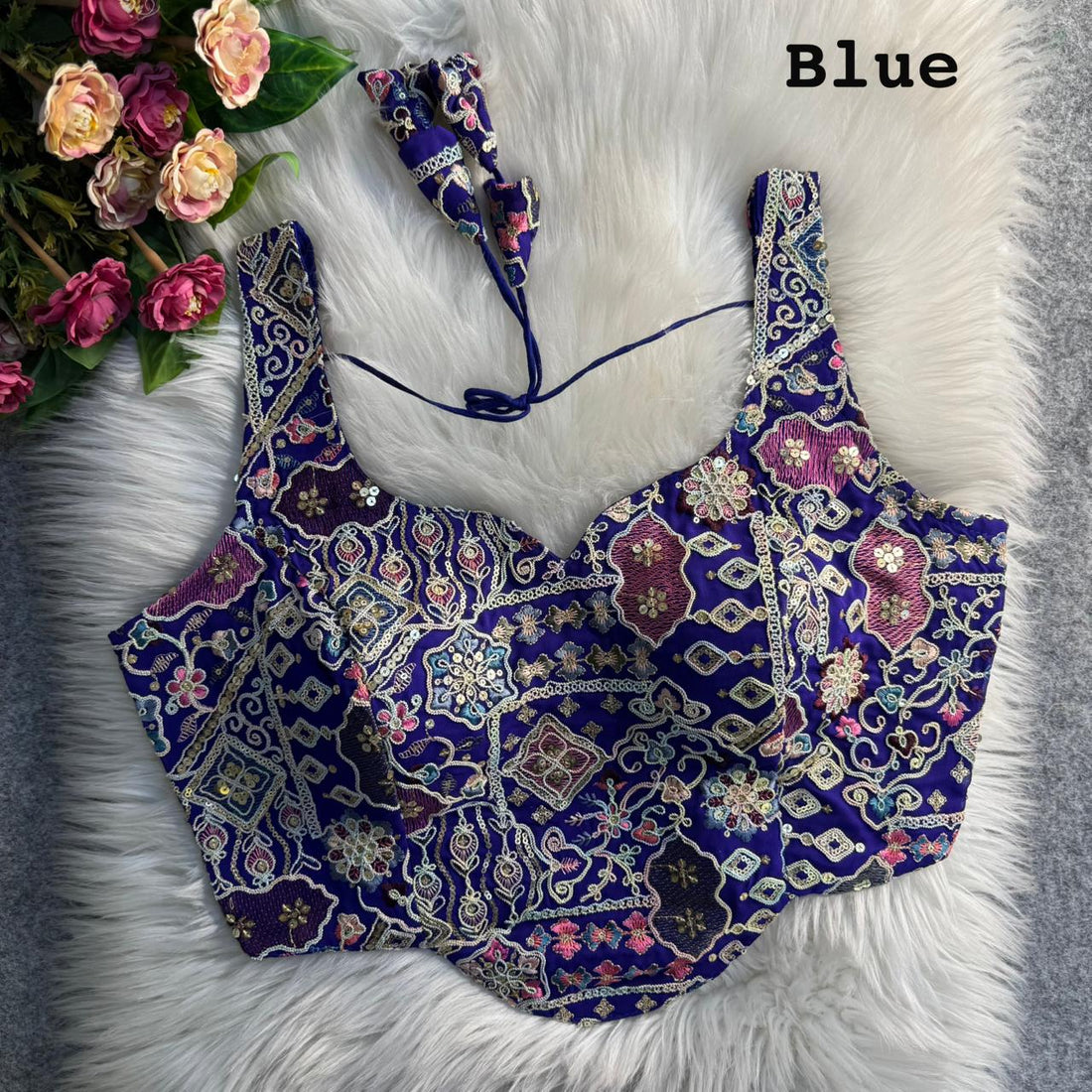 Blue Pure Fox Georgette Antique Codding Sequins Wok Blouse
