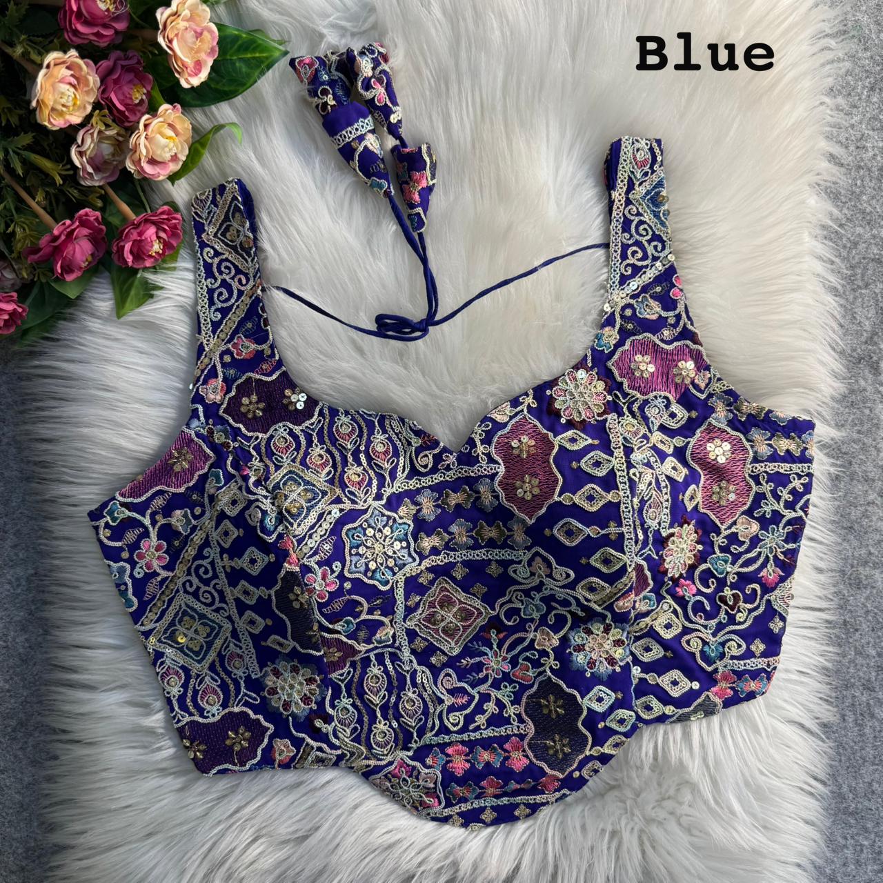 Blue Pure Fox Georgette Antique Codding Sequins Wok Blouse