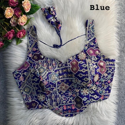 Blue Pure Fox Georgette Antique Codding Sequins Wok Blouse