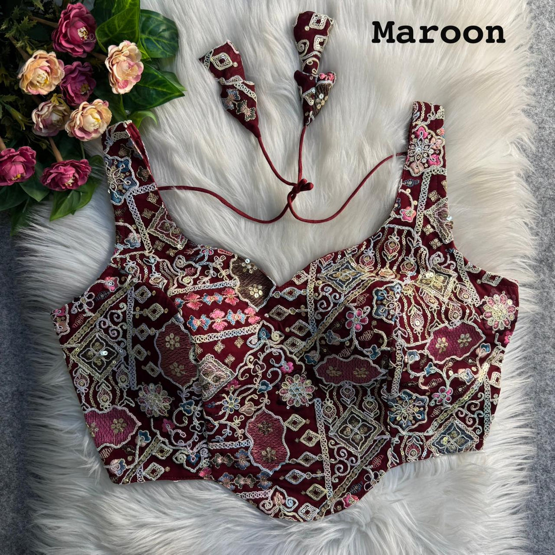 Maroon Pure Fox Georgette Antique Codding Sequins Wok Blouse