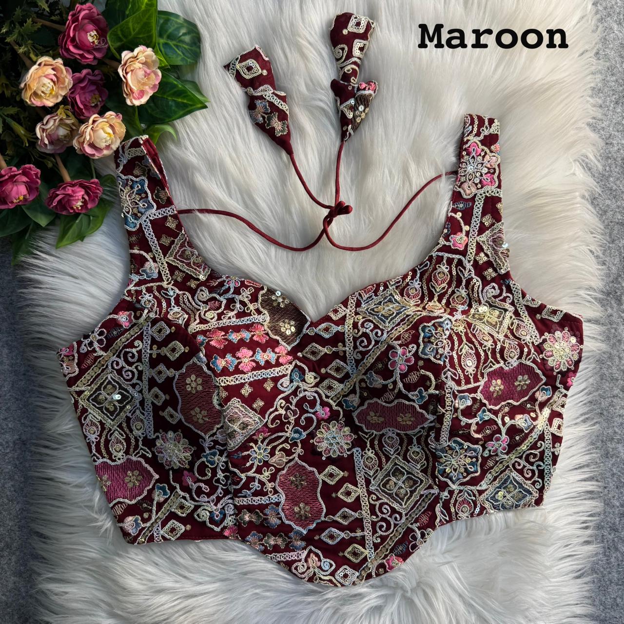 Maroon Pure Fox Georgette Antique Codding Sequins Wok Blouse