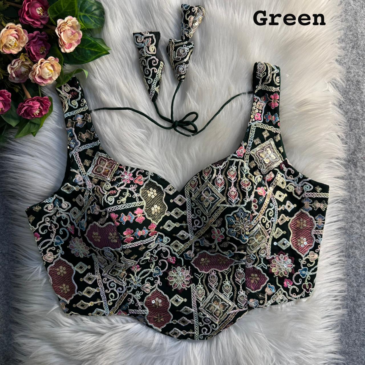 Green Pure Fox Georgette Antique Codding Sequins Wok Blouse