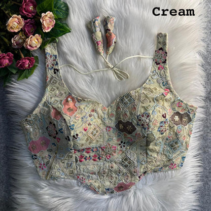 Cream Pure Fox Georgette Antique Codding Sequins Wok Blouse