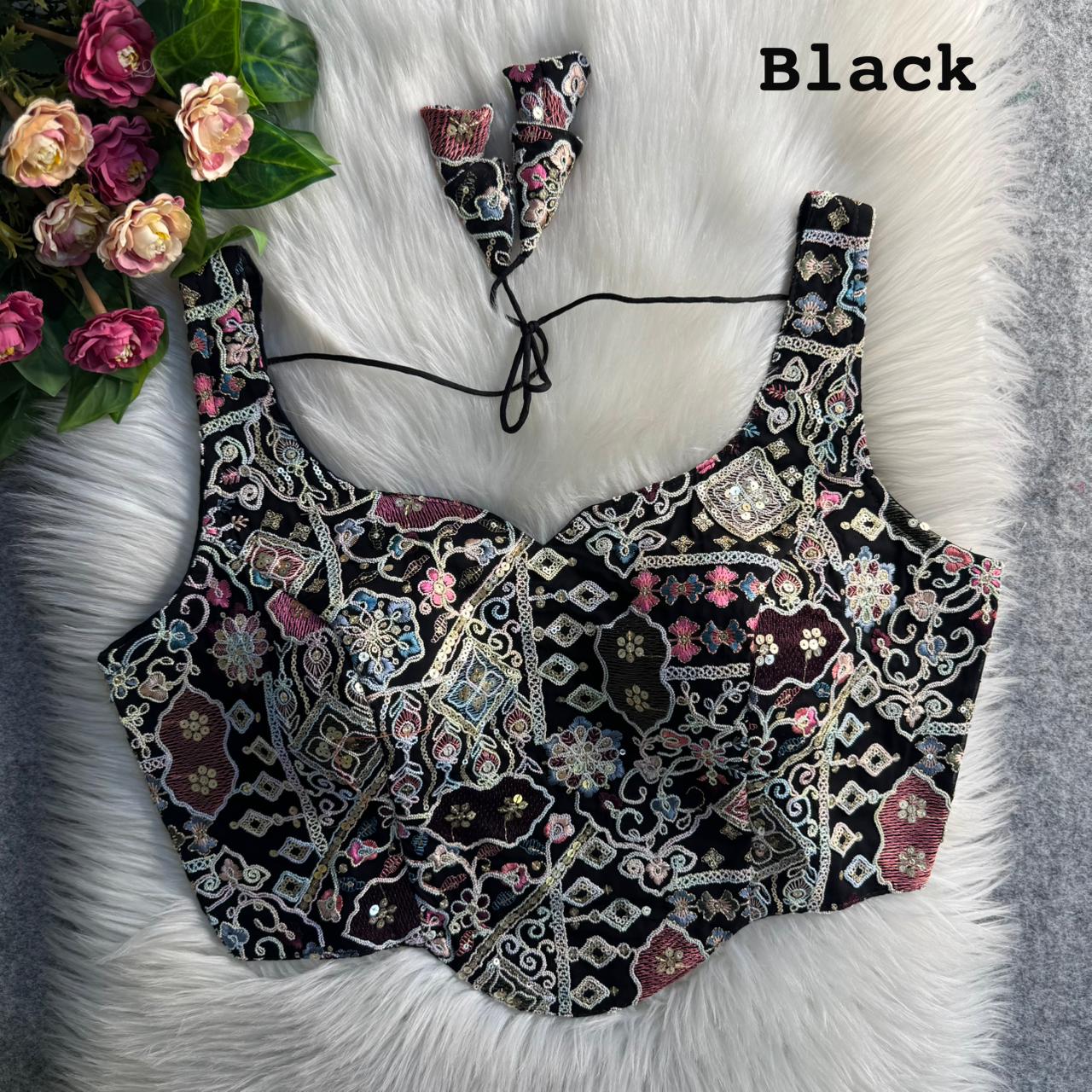 Black Pure Fox Georgette Antique Codding Sequins Wok Blouse