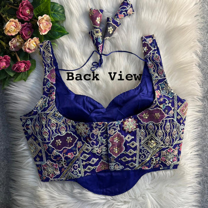Blue Pure Fox Georgette Antique Codding Sequins Wok Blouse