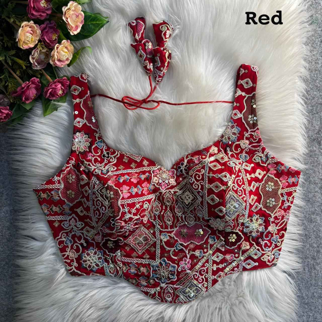 Red Pure Fox Georgette Antique Codding Sequins Wok Blouse