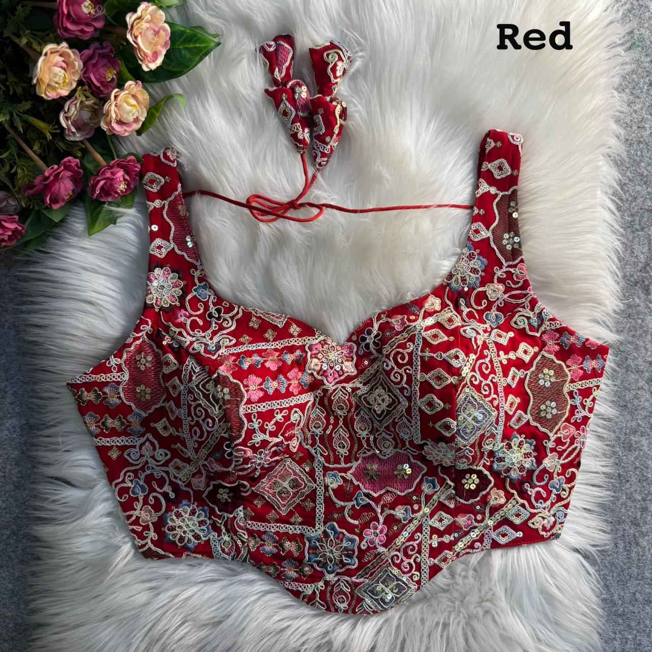 Red Pure Fox Georgette Antique Codding Sequins Wok Blouse
