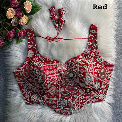 Red Pure Fox Georgette Antique Codding Sequins Wok Blouse