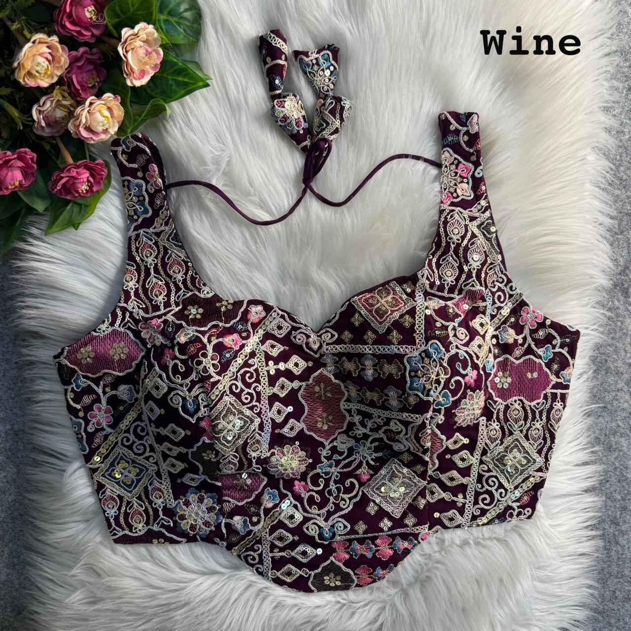 Wine Pure Fox Georgette Antique Codding Sequins Wok Blouse