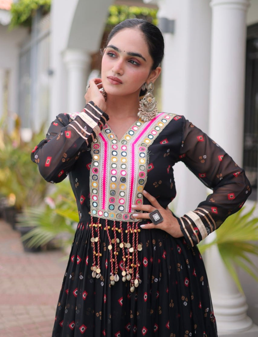 Black Pure Faux Georgette Lahariya Print with Kutchi Patchwork Navratri Lehenga Choli