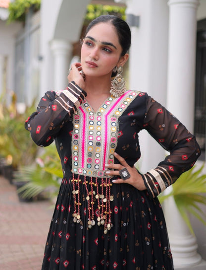 Black Pure Faux Georgette Lahariya Print with Kutchi Patchwork Navratri Lehenga Choli
