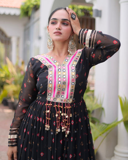 Black Pure Faux Georgette Lahariya Print with Kutchi Patchwork Navratri Lehenga Choli
