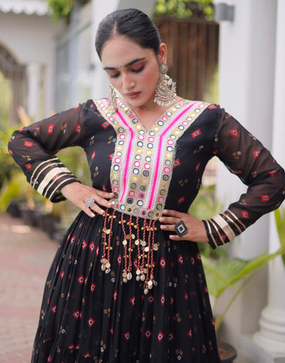 Black Pure Faux Georgette Lahariya Print with Kutchi Patchwork Navratri Lehenga Choli
