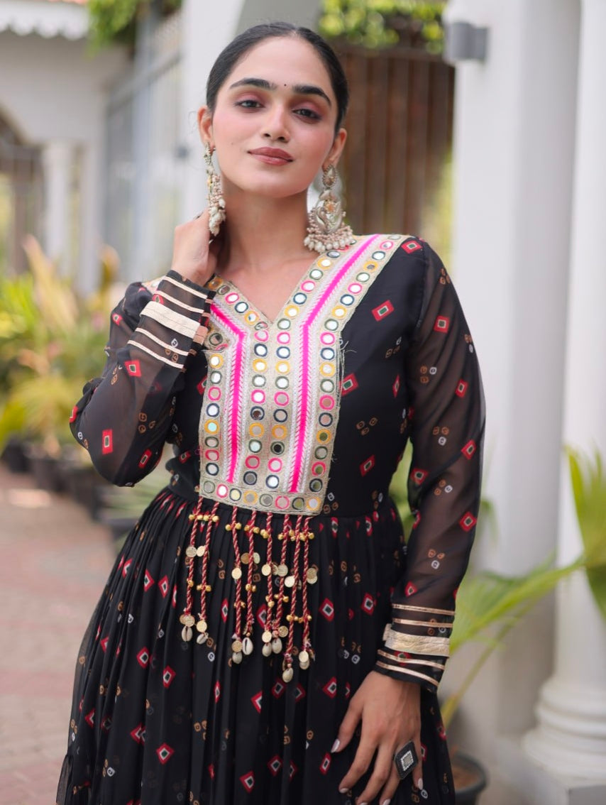 Black Pure Faux Georgette Lahariya Print with Kutchi Patchwork Navratri Lehenga Choli