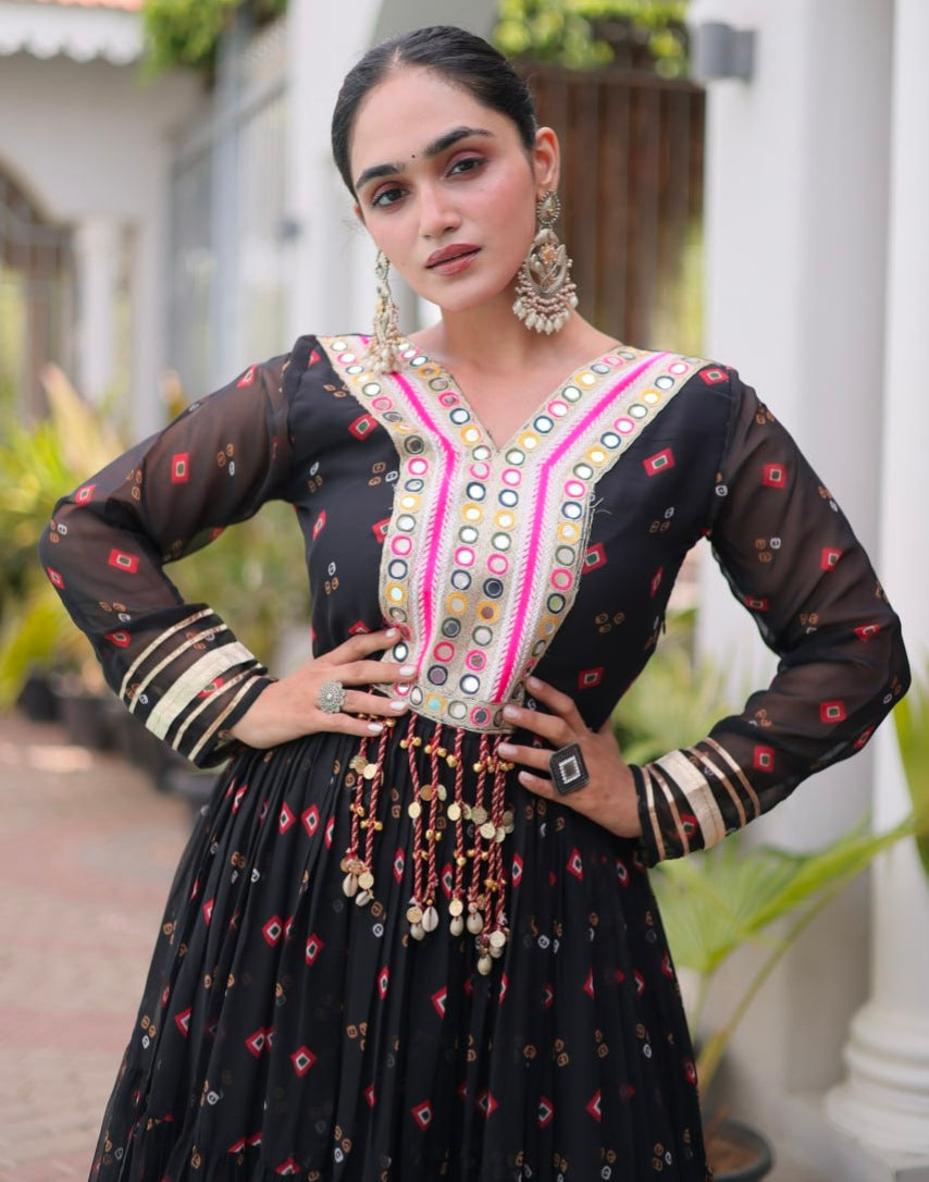 Black Pure Faux Georgette Lahariya Print with Kutchi Patchwork Navratri Lehenga Choli