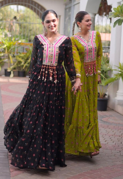 Black Pure Faux Georgette Lahariya Print with Kutchi Patchwork Navratri Lehenga Choli