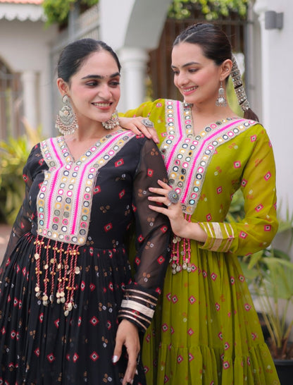 Black Pure Faux Georgette Lahariya Print with Kutchi Patchwork Navratri Lehenga Choli
