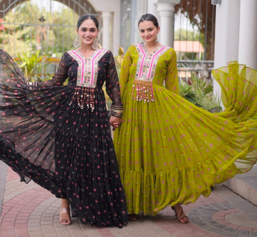 Black Pure Faux Georgette Lahariya Print with Kutchi Patchwork Navratri Lehenga Choli