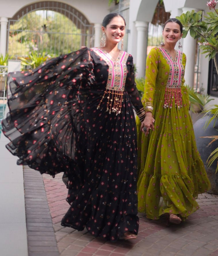 Black Pure Faux Georgette Lahariya Print with Kutchi Patchwork Navratri Lehenga Choli