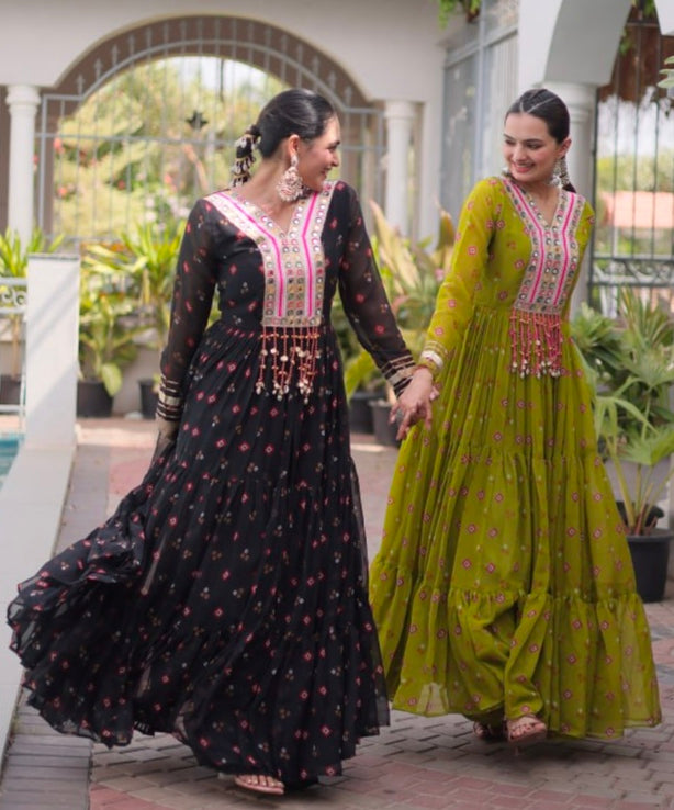Black Pure Faux Georgette Lahariya Print with Kutchi Patchwork Navratri Lehenga Choli