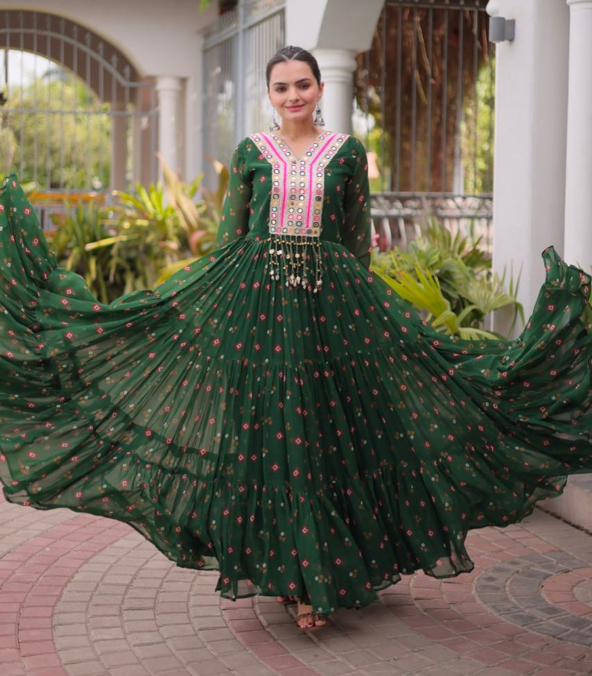 Green Pure Faux Georgette Lahariya Print with Kutchi Patchwork Navratri Lehenga Choli
