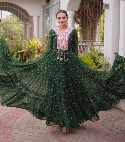 Green Pure Faux Georgette Lahariya Print with Kutchi Patchwork Navratri Lehenga Choli