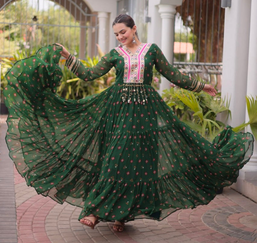 Green Pure Faux Georgette Lahariya Print with Kutchi Patchwork Navratri Lehenga Choli