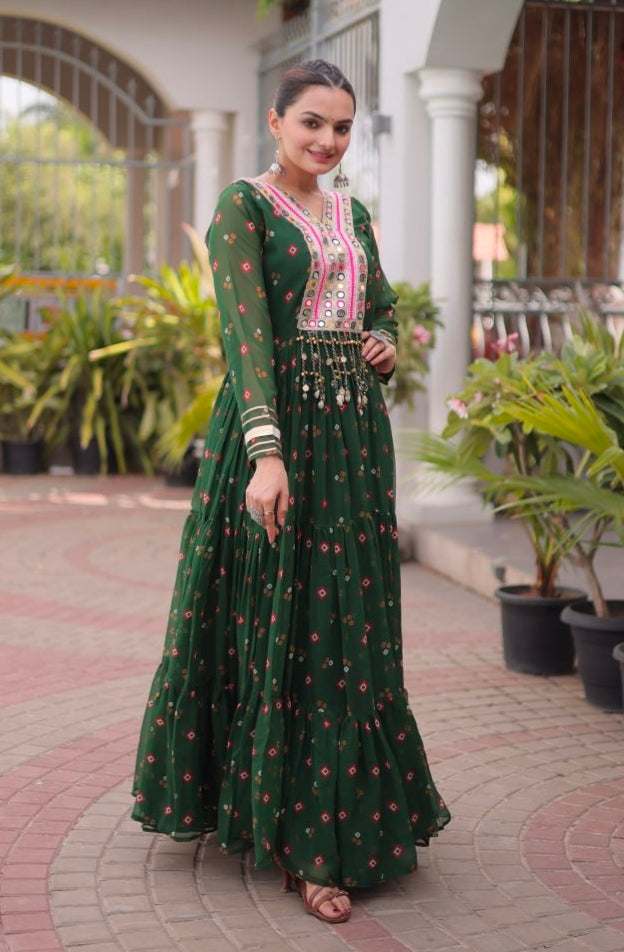 Green Pure Faux Georgette Lahariya Print with Kutchi Patchwork Navratri Lehenga Choli