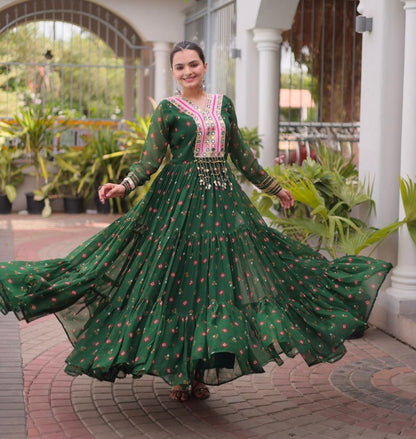 Green Pure Faux Georgette Lahariya Print with Kutchi Patchwork Navratri Lehenga Choli