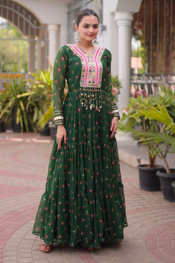 Green Pure Faux Georgette Lahariya Print with Kutchi Patchwork Navratri Lehenga Choli