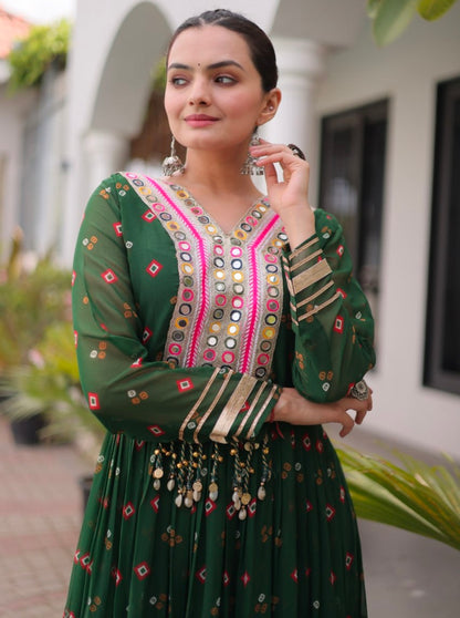 Green Pure Faux Georgette Lahariya Print with Kutchi Patchwork Navratri Lehenga Choli