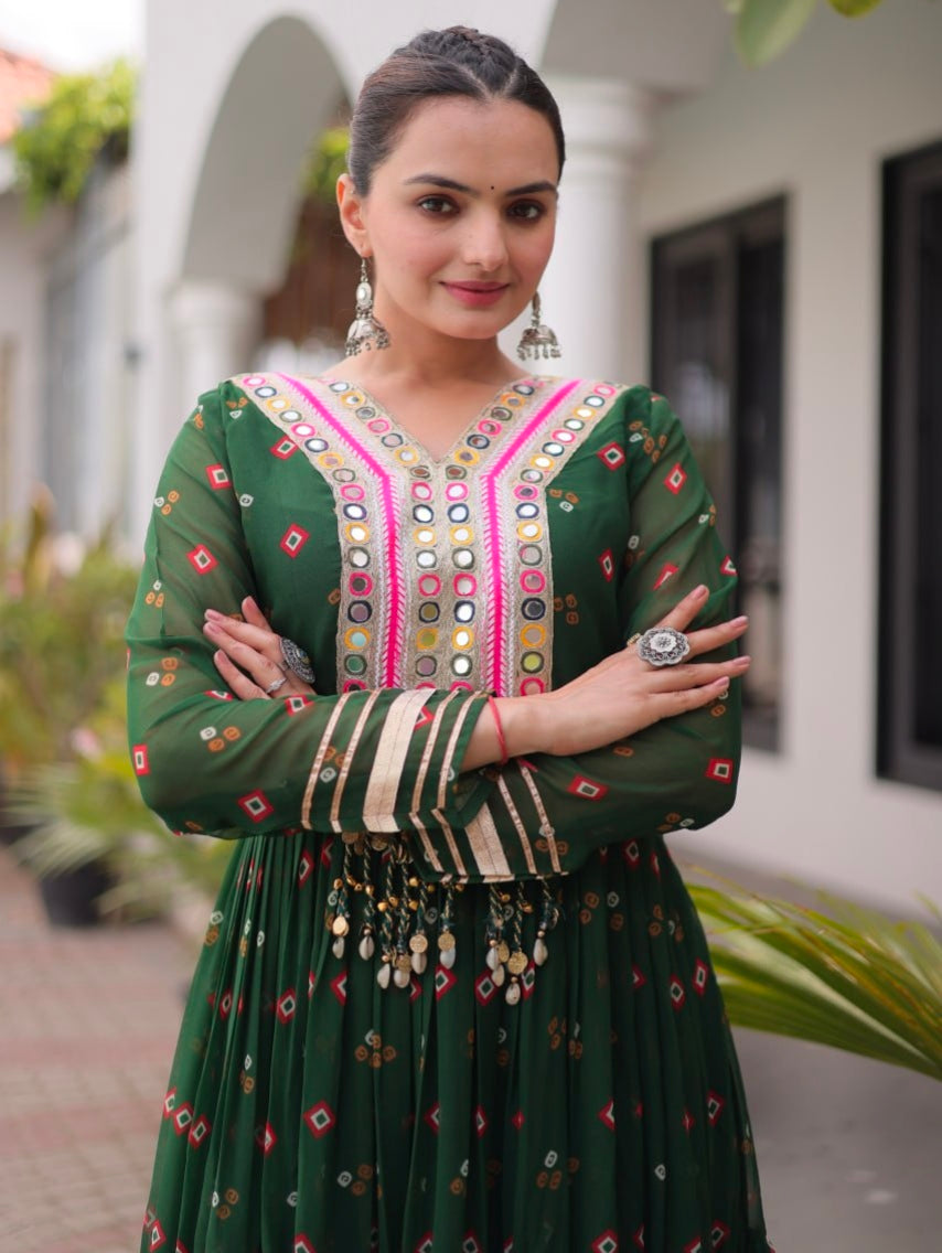 Green Pure Faux Georgette Lahariya Print with Kutchi Patchwork Navratri Lehenga Choli