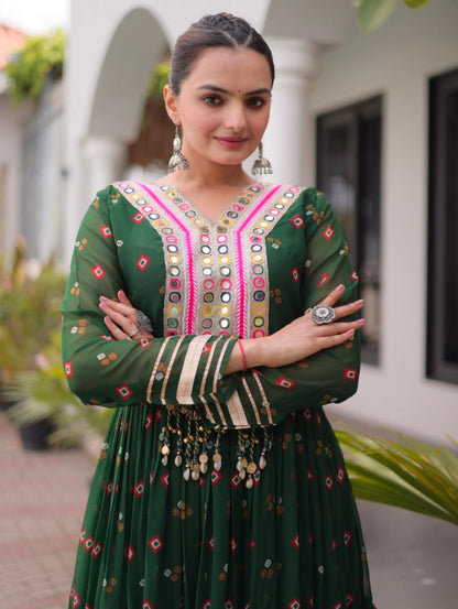Green Pure Faux Georgette Lahariya Print with Kutchi Patchwork Navratri Lehenga Choli