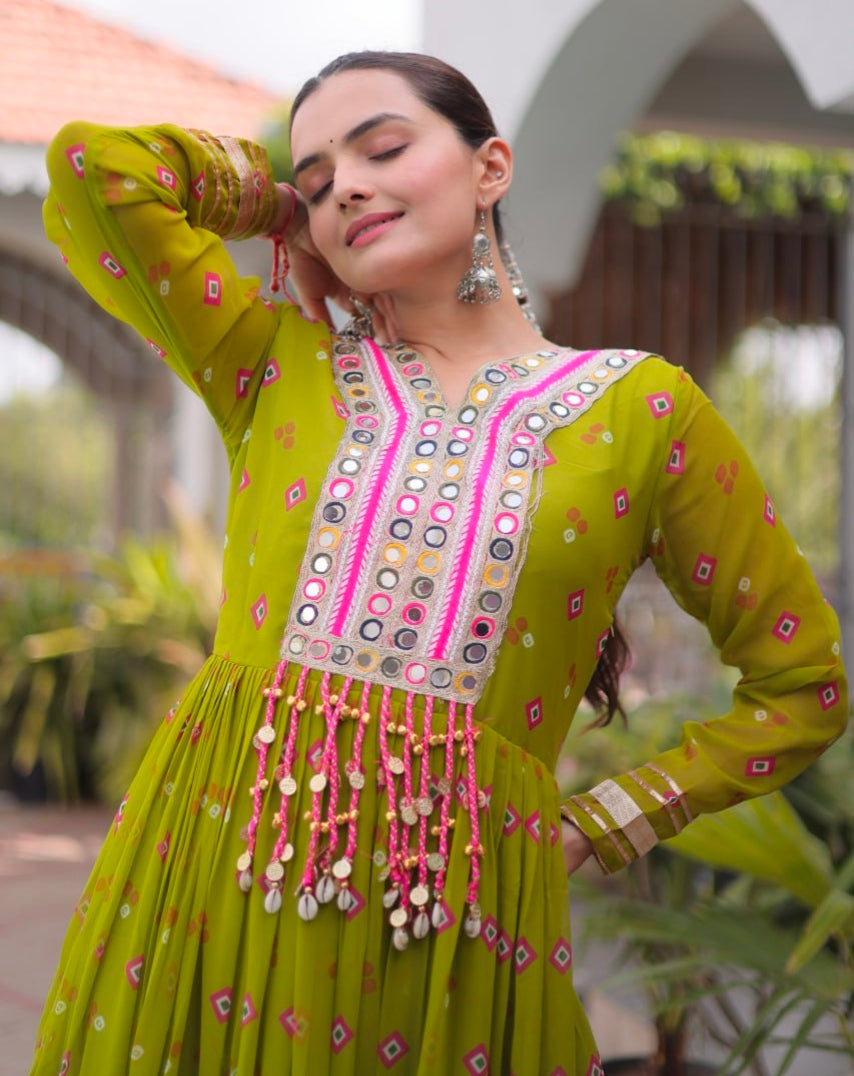 Mustard Pure Faux Georgette Lahariya Print with Kutchi Patchwork Navratri Lehenga Choli