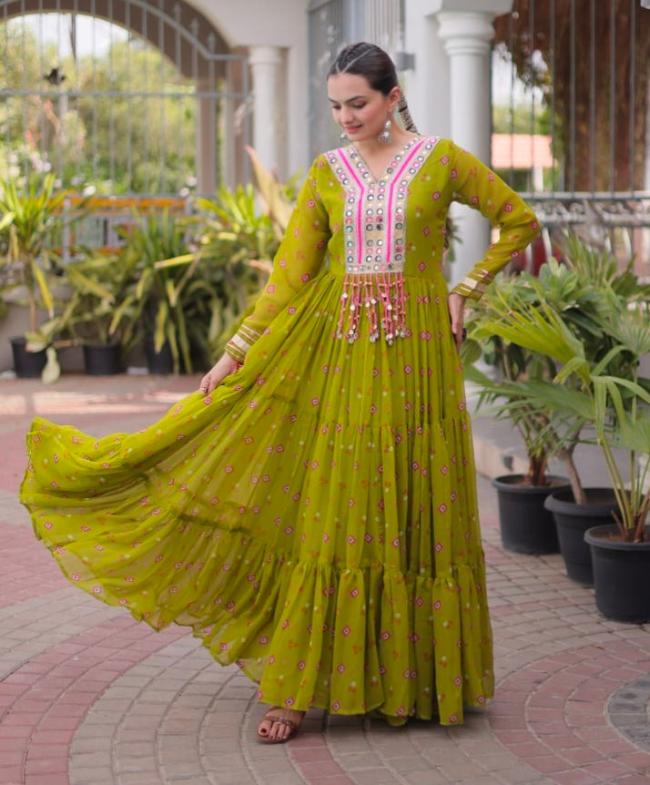 Mustard Pure Faux Georgette Lahariya Print with Kutchi Patchwork Navratri Lehenga Choli