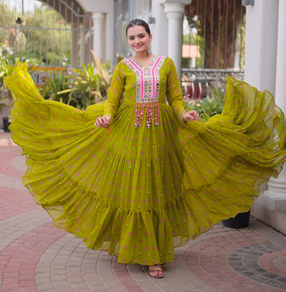 Mustard Pure Faux Georgette Lahariya Print with Kutchi Patchwork Navratri Lehenga Choli