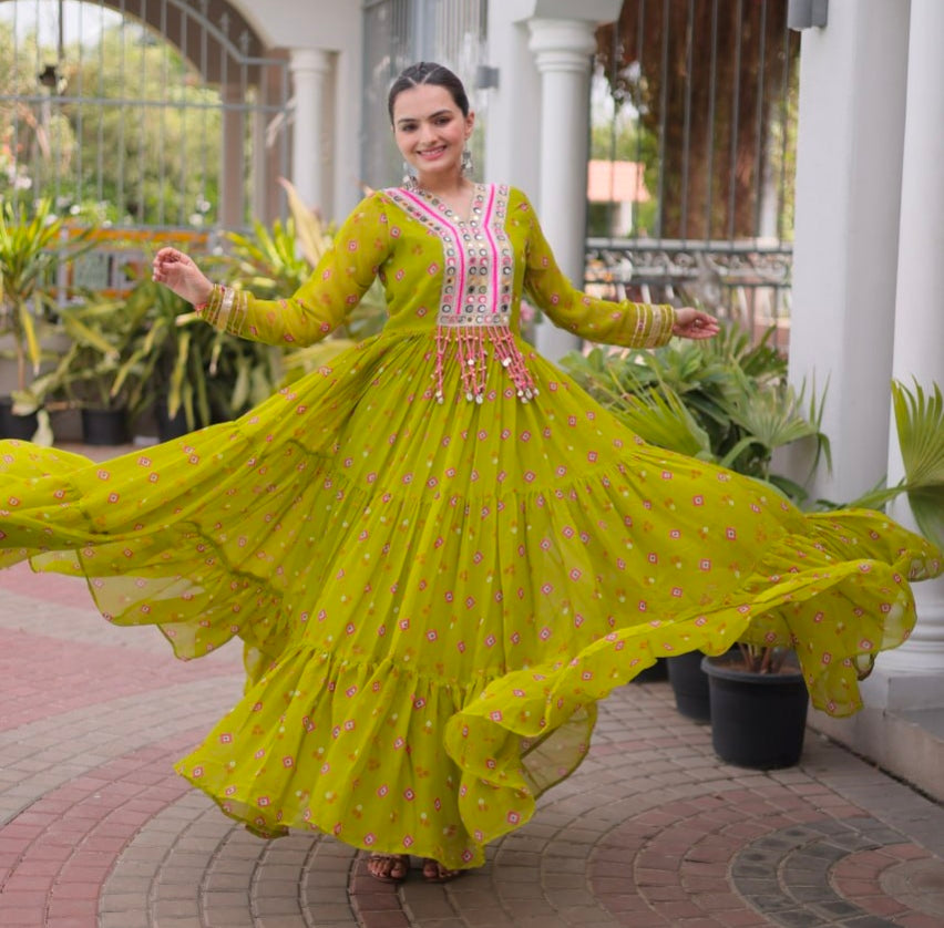 Mustard Pure Faux Georgette Lahariya Print with Kutchi Patchwork Navratri Lehenga Choli