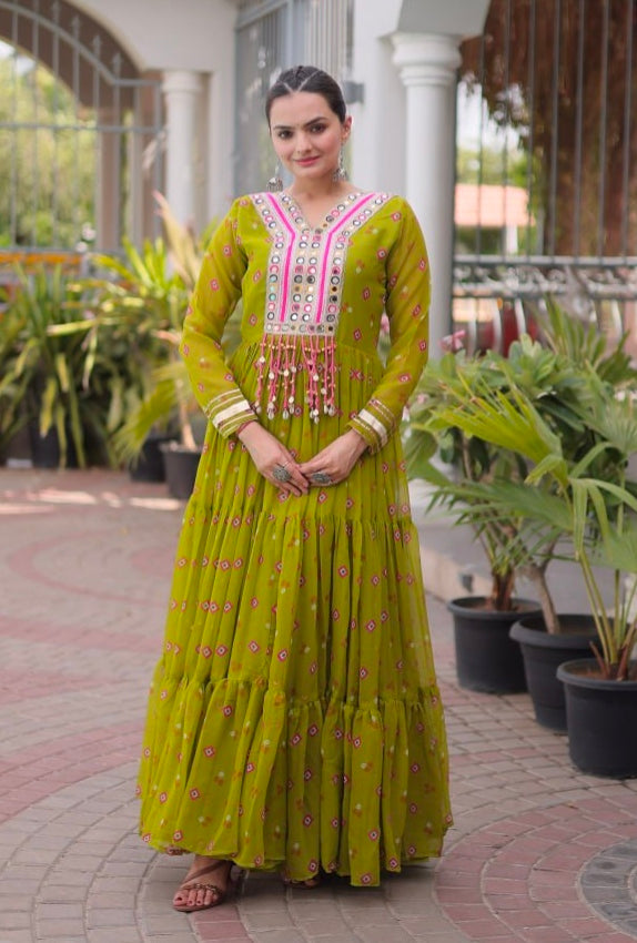 Mustard Pure Faux Georgette Lahariya Print with Kutchi Patchwork Navratri Lehenga Choli