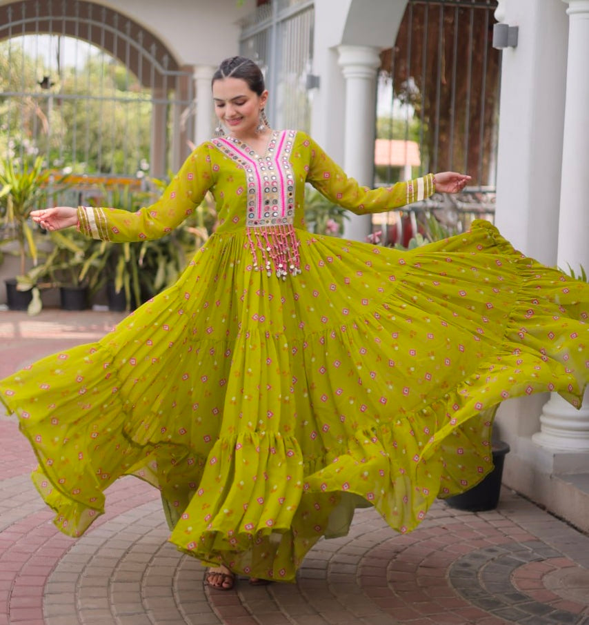 Mustard Pure Faux Georgette Lahariya Print with Kutchi Patchwork Navratri Lehenga Choli