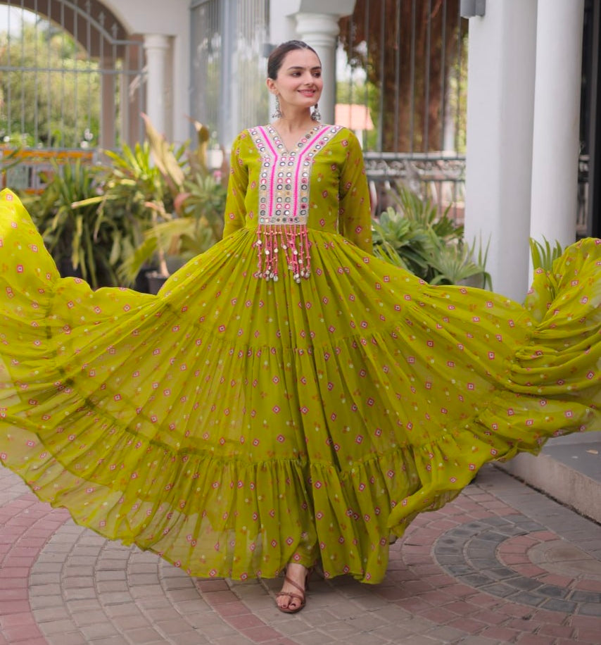 Mustard Pure Faux Georgette Lahariya Print with Kutchi Patchwork Navratri Lehenga Choli