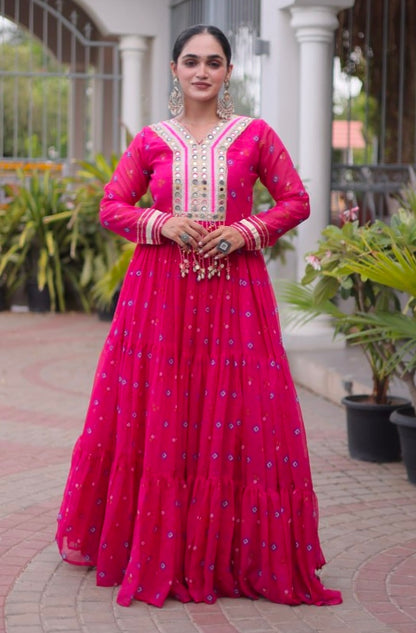 Pink Pure Faux Georgette Lahariya Print with Kutchi Patchwork Navratri Lehenga Choli
