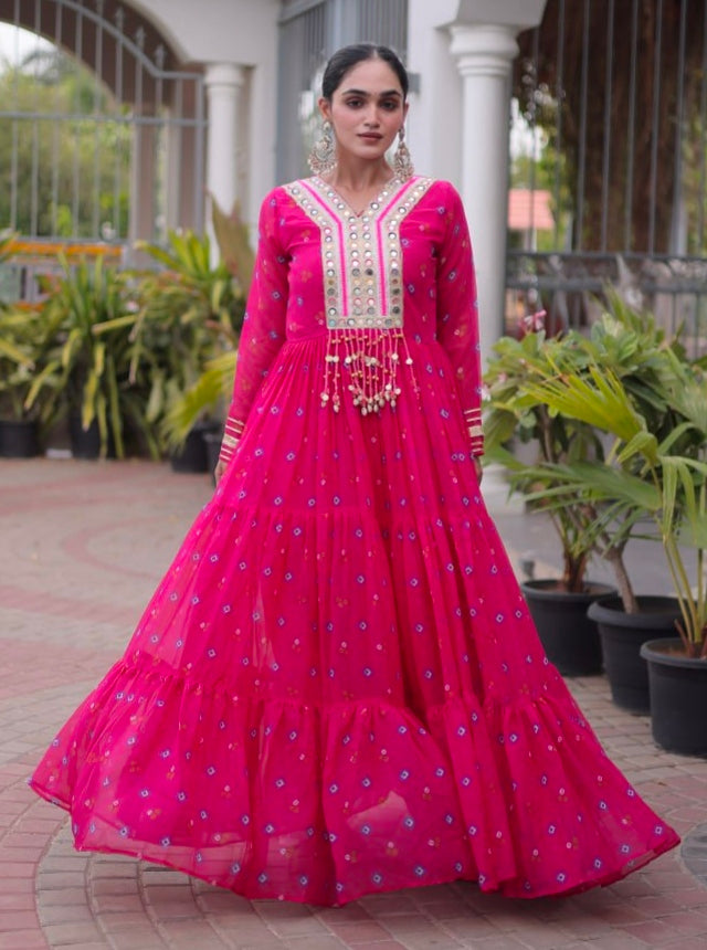Pink Pure Faux Georgette Lahariya Print with Kutchi Patchwork Navratri Lehenga Choli