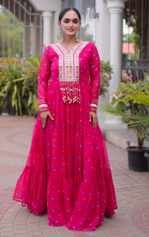 Pink Pure Faux Georgette Lahariya Print with Kutchi Patchwork Navratri Lehenga Choli