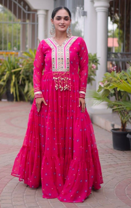 Pink Pure Faux Georgette Lahariya Print with Kutchi Patchwork Navratri Lehenga Choli