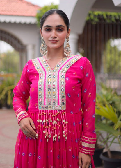 Pink Pure Faux Georgette Lahariya Print with Kutchi Patchwork Navratri Lehenga Choli