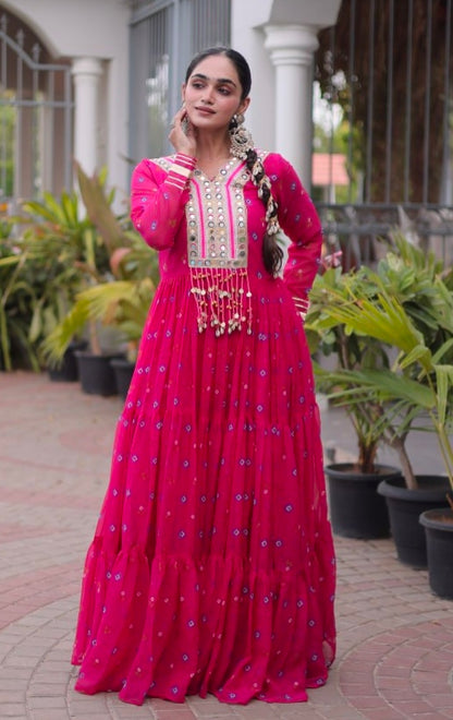 Pink Pure Faux Georgette Lahariya Print with Kutchi Patchwork Navratri Lehenga Choli