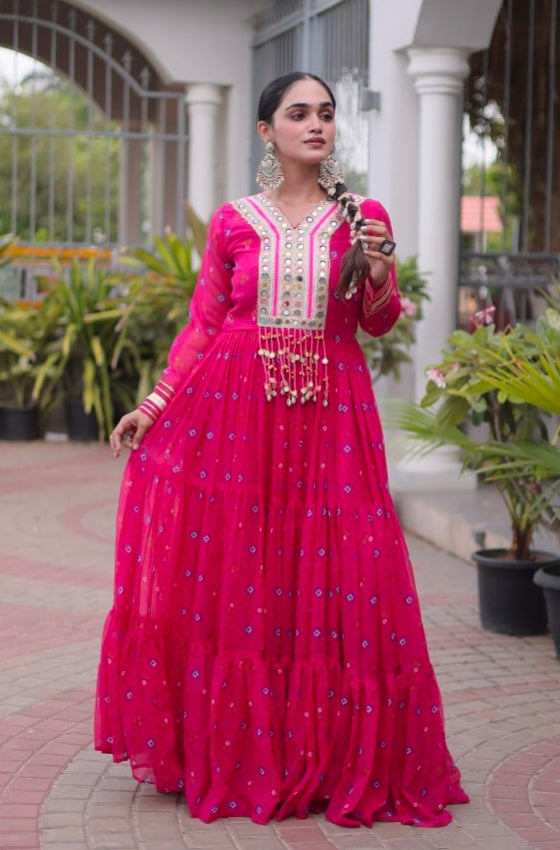 Pink Pure Faux Georgette Lahariya Print with Kutchi Patchwork Navratri Lehenga Choli