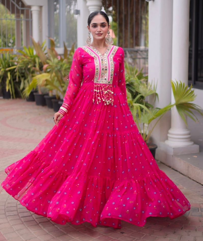 Pink Pure Faux Georgette Lahariya Print with Kutchi Patchwork Navratri Lehenga Choli